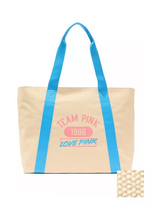 PINK Victoria's Secret Handbags - NEW Team Pink 1986 Canvas Tote Bag with Blue Straps